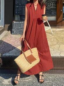 Vestido sin mangas con cuello entallado de unicolor para mujer - Rojo - Ver 5