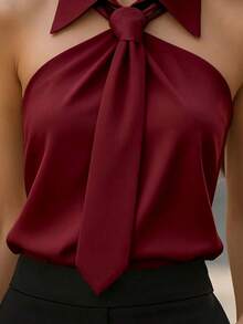 Camisole sans manches et dos nu de couleur unie avec design torsadé, à la mode, convient pour le bureau ou les vacances d'été pour femmes - Rouge foncé - Voir 4