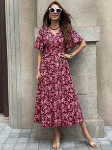 Clasi Vestido de unicolor con botones al frente, manga mariposa y abertura al muslo de longitud hasta el muslo para mujer - Rosa Fucsia - Ver 3