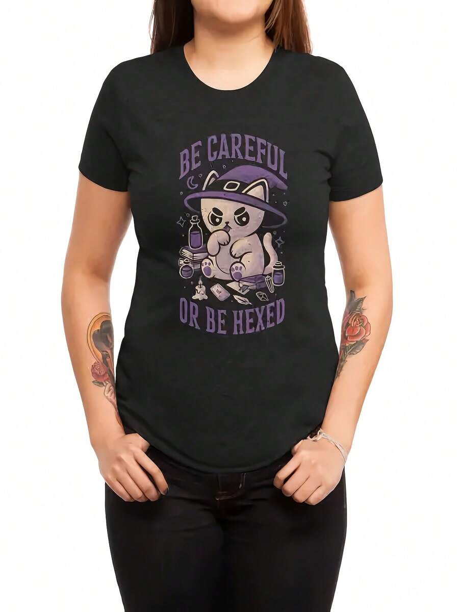 Women's T-Shirt: Be Careful, Or Risk Misfortune_1 Fun Seasonal Prints Durable Print Quality Women's Short-Sleeved T-Shirt Seasonal Clothing Women's T-Shirt Women's Tops - 黑色 - 查看 1