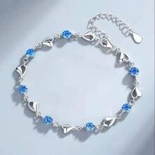 Korean Sterling Silver 925 Heart Shaped Crystal Necklace And Bracelet Set For Women, Vintage Party Jewelry, High-End Gift. - 銀色 05 - 查看 4