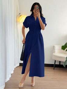Vestido camisero casual de mujer con botones delanteros, mangas raglán y cintura ajustada - Blanco - Ver 10