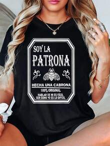 Women's Empowerment T-Shirt "Soy La Patrona" In Spanish - Original Design With Mexican Phrase And Floral Bee Graphic, Loose Fit, Crew Neck, Casual Streetwear, Medium Stretch, Machine Washable, Plus Size S-.Jpg, Great Halloween Gift - 黑色 - 查看 2