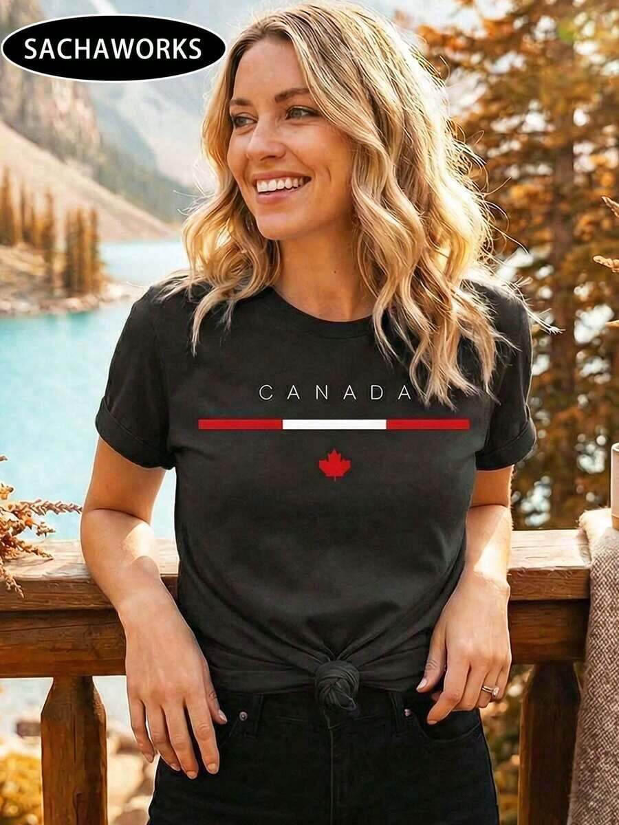 NewSummerCasualSachaWorks Women's T-Shirts With Canadian Maple Leaf Flag For July 1st, Patriotic Short Sleeve Blouse, Crew Neck T-Shirts For Canada Day 2026 - Vintage Urban Style, Unisex Loose Fit Cotton Short Sleeve Crew Neck T-Shirt - 黑色 - 查看 1