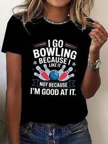 Y2K Women's Bowling Party T-Shirt - Fun Slogan "I'm Going Bowling Because I Like It" & Bowling Design - Brown With Blue/Red Bowls - Casual Short Sleeve Stretch T-Shirt For Bowling Nights, Gifts, Casual Wear - All Season Clothing, Breathable & Comfortable. - 黑色 - 查看 6