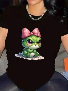 Polyester Short-Sleeved T-Shirt, Decorated With A Cute Frog Print, Suitable For Home Use, Available In Various Colors, Durable And Comfortable, Ideal For Both The Living Room And Dining Room, With Soft Fabric, A Casual Garment For Everyday Wear. - 黑色 - 查看 7