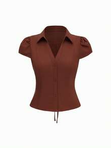 Blus Vela Rue Warna Polos Kancing Depan Lengan Pendek Leher Ikat Pinggang Pas Badan Warna Merah Bata, Pakaian Kembali ke Sekolah, Pakaian Musim Panas untuk Berpergian - Cokelat kemerahan - View 1