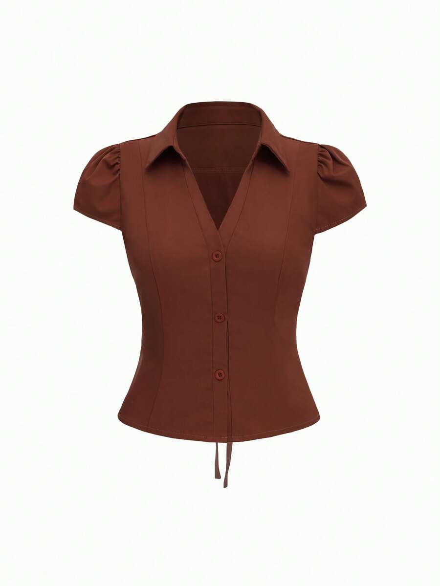 Blus Vela Rue Warna Polos Kancing Depan Lengan Pendek Leher Ikat Pinggang Pas Badan Warna Merah Bata, Pakaian Kembali ke Sekolah, Pakaian Musim Panas untuk Berpergian - Cokelat kemerahan - View 1