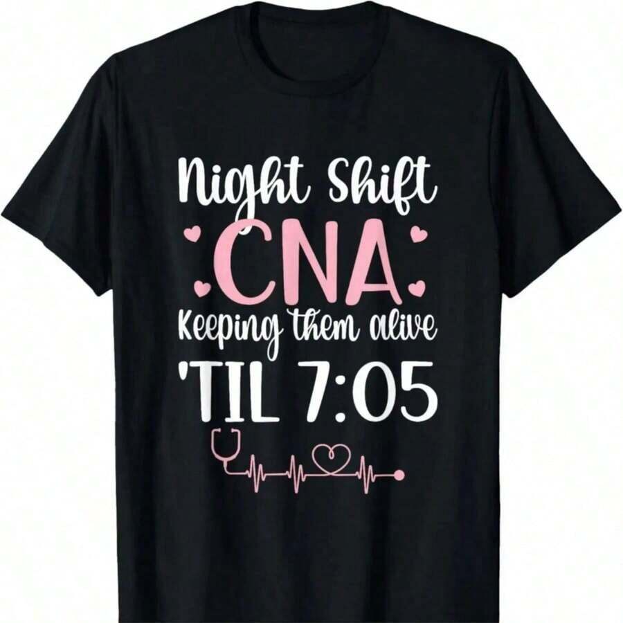 Unisex Cotton Camia With CNA Graphic Print For Night Staff, Round Neck, Casual, Breathable And Comfortable. - 黑色 - 查看 1