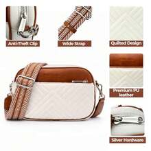 Premium Quilted Crossbody Bags For Women With Anti-Pickpocket Clip, Vegan Leather Handbags, Travel Purses For Women - 白色提花肩帶 - 查看 7