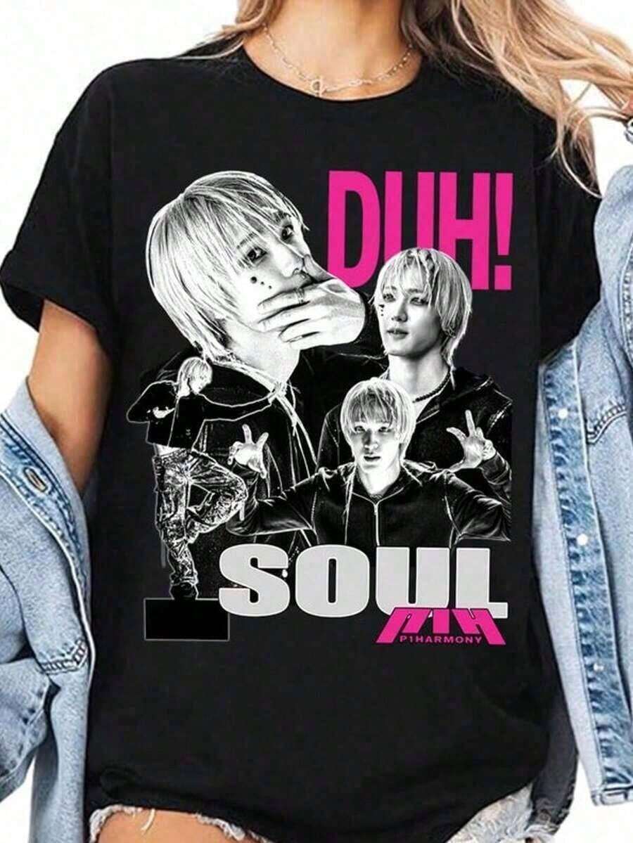 Men's Graphic Tees, Retro Soul P1Harmony T-Shirt, P1Harmony Duh! Album T-Shirt, P1Harmony Utop1A Tour T-Shirt, P1Harmony Style S Summer Set, Father's Day, Graduation, Independence Day, For Men, Summer Style, Father's Day, Graduation, Independence Day, For Men - 黑色3 - 查看 1
