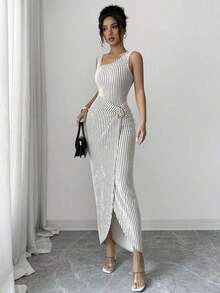 Elenzya Vestido de verano nuevo a rayas sin mangas para mujer, vestido a rayas con hebilla metálica asimétrica en el lateral, estilo europeo y americano ajustado y estilizante con hebilla asimétrica lateral y largo - Albaricoque 2 - Ver 5