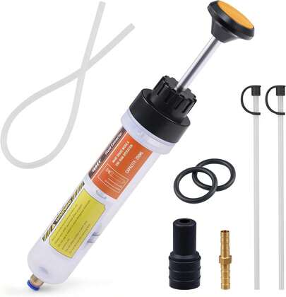 200mL Manual Fluid Extractor Pump For Automotive, ATV, Boat - Power Steering, Transmission, Gear Oil & Brake Fluid Transfer Syringe With Flexible Hoses, Black