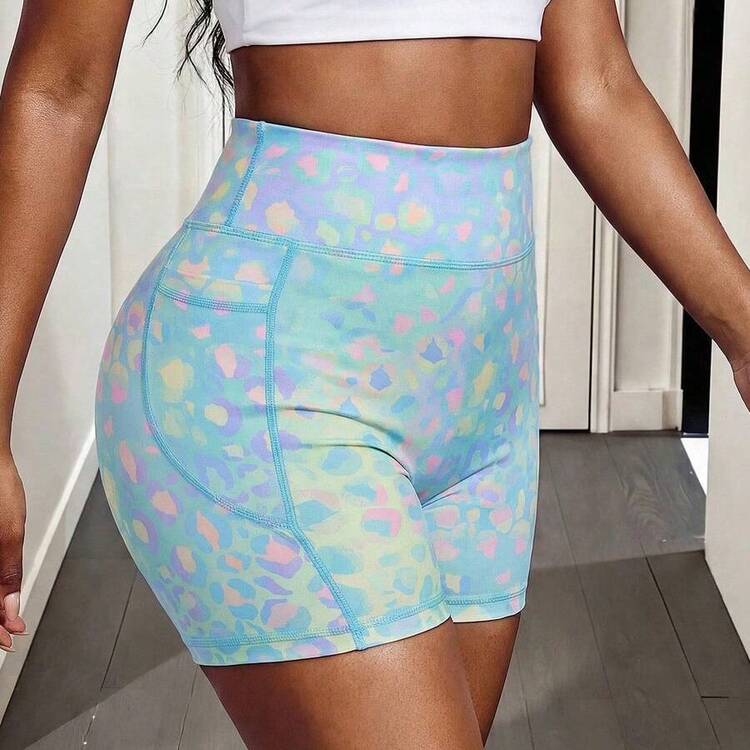 guang zhou mi qian shang mao  Dewbera Pantalones cortos deportivos de cintura alta con bolsillos, ajustados, con estampado de leopardo de colores, pantalones cortos de yoga con bolsillo, pantalones cortos de mujer con bolsillos, ropa deportiva activa para mujer - Multicolor - Añade 4