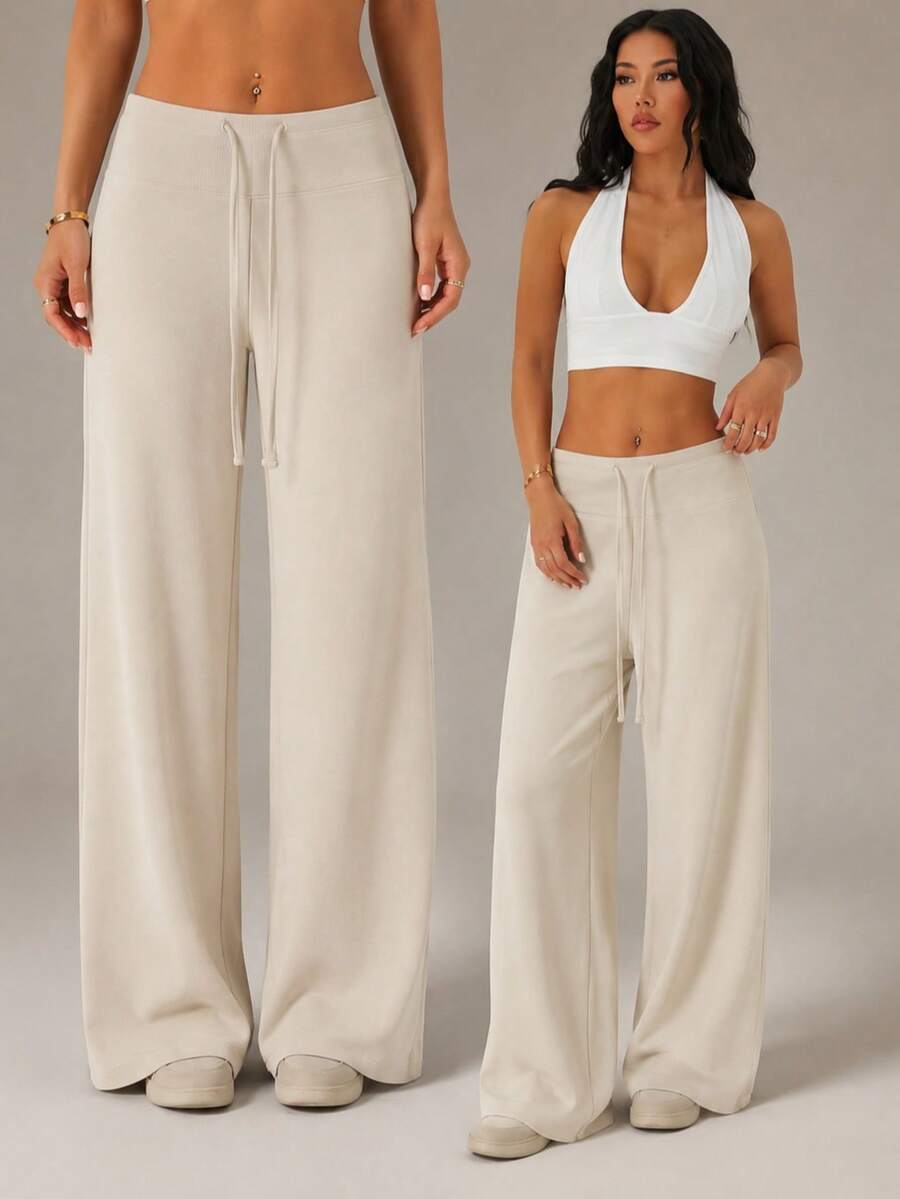 Women's Elegant Fitted Loose Wide-Leg Pants, Summer Exclusive Design - Apricot - View 1