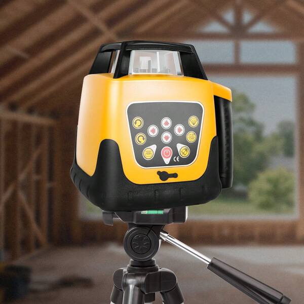 Livella laser rotante, raggio rosso, portata 300 m, inclinazione regolabile, rotazione a 360°, autolivellante, angolo di scansione flessibile, telecomando, ricevitore e custodia inclusi.
