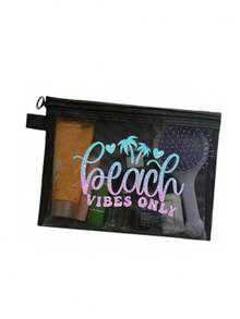 2pcs Large Capacity Mesh Bag Set, Gradient Shiny Beach Palm Tree Print Mesh Bag, Mesh Beach Tote Bag, Mesh Cosmetic Storage Bag, Foldable Waterproof Beach Bag, Letter Decor Mesh Beach Shoulder Bag, Women's Personalized Gift Bag, Makeup Bag, Summer - Black - View 14