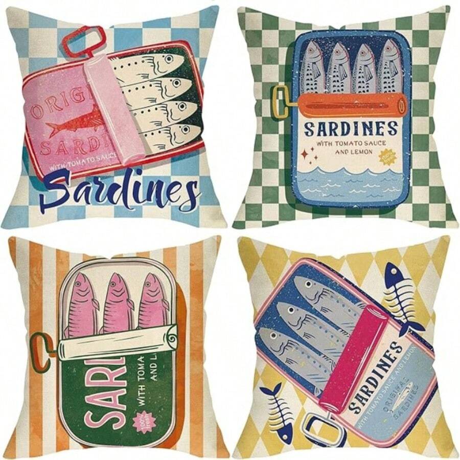 4pcs Retro Sardine Can Pillow Cover, Retro Checkered Fish-Shaped Pillow Cover, Colorful Playful Decorative Pillow Cover For Home Kitchen And Living Room Single Side Without Pillow Core - Multicolor - View 1