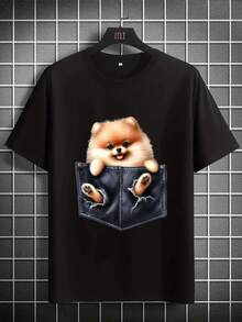 Camiseta de manga corta con gráfico 3D de Pomerania en el bolsillo, diseño adorable ideal para estilo casual urbano y amantes de perros - Negro - Ver 1