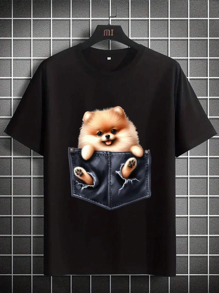 Camiseta de manga corta con gráfico 3D de Pomerania en el bolsillo, diseño adorable ideal para estilo casual urbano y amantes de perros - Negro - Ver 1