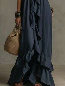 Elegant Vintage Bohemian V-Neck Short Dress With Ruffles - Blue - View 4