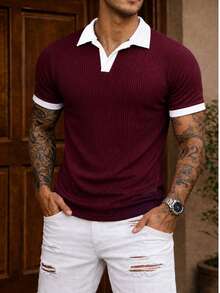 Men's Ribbed Cotton Polo Shirt, Slim Fit, Collar, Brazilian Style, Sporty, Casual, Premium Comfort, World Cup, Summer 2026 Fashion - POLO 男士葡萄酒 - 查看 1