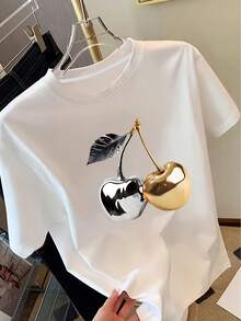 Women's Short-Sleeved T-Shirt With Cherry Print,  Casual Top, Stylish And Versatile For Everyday Wear. | Comfortable And Soft Fabric | These Women's T-Shirts Are A Versatile Wardrobe Staple For Spring And Summer. - 白色4 - 查看 12
