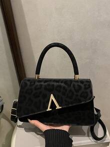 纯色褶边手提包，翻盖斜挎包，豹纹女包 - 黑色 - 查看 7