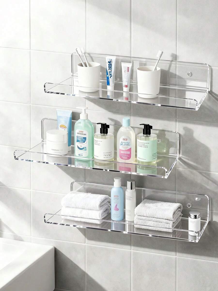 1pack / 2 Packs Clear Acrylic Shelves For Wall With Adhesive,No Drill Floating Shelves For Bathroom,Bedroom,Renter Friendly,Kids Room Bookshelf,Wall Display Shelf For Figurine,Perfume