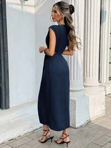 Vestido corto envolvente con estampado de lunares para mujer - Azul marino - Ver 2