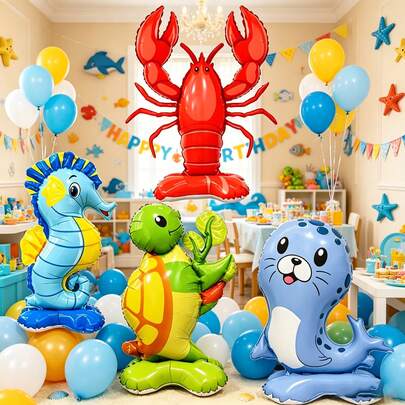 海の生物フォイルバルーンセット4個 - ヒトデ + ウミガメ + アザラシ + ロブスターの形 - 誕生日/水中テーマパーティーの装飾、夏のパーティー室内/屋外の装飾、プールパーティーの装飾