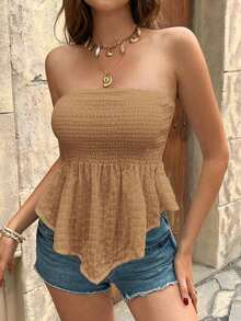 Strapless Solid-Color Bandeau Top With Ruffled Hem, Perfect For Vacation - 薑色 - 查看 10