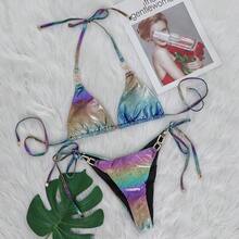 Sexy Bikini Set With Colorful Snake Print And Gold Foil Accents, Two-Piece Tie-Up Women's Swimsuit With Rhinestone Accessories - ungu-biru - View 6
