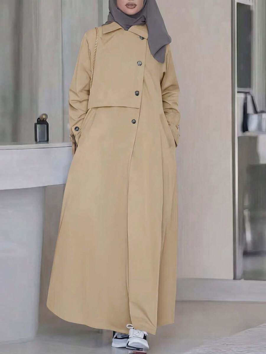 女款秋季休閒時尚日常通勤極簡百搭純色單排扣前開襟長款阿拉伯風風衣 - 杏色 - 查看 1