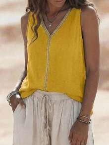 Zayélia Top de mujer de cuello en V, casual, cómodo, de vacaciones, de campo, relajado, de textura suave - Amarillo - Ver 6