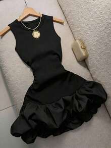 Vestido de punto con bloque de color y dobladillo abultado con cintura ceñida, silueta elegante de corte evasé adecuado para ceremonias de boda - Albaricoque - Ver 6
