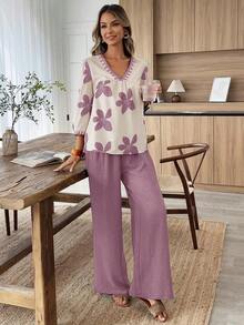 Elouméa Conjunto de 2 piezas de blusa de manga corta con cuello en V y estampado floral, y pantalones holgados, ropa casual de vacaciones, primavera/verano - Multicolor - Ver 5
