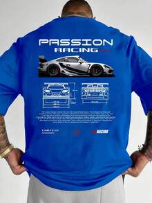 Men's T-Shirt With Racing Letter Print, Round Neck, Short Sleeve For Summer Outdoor Sports. - 藍色 - 查看 1