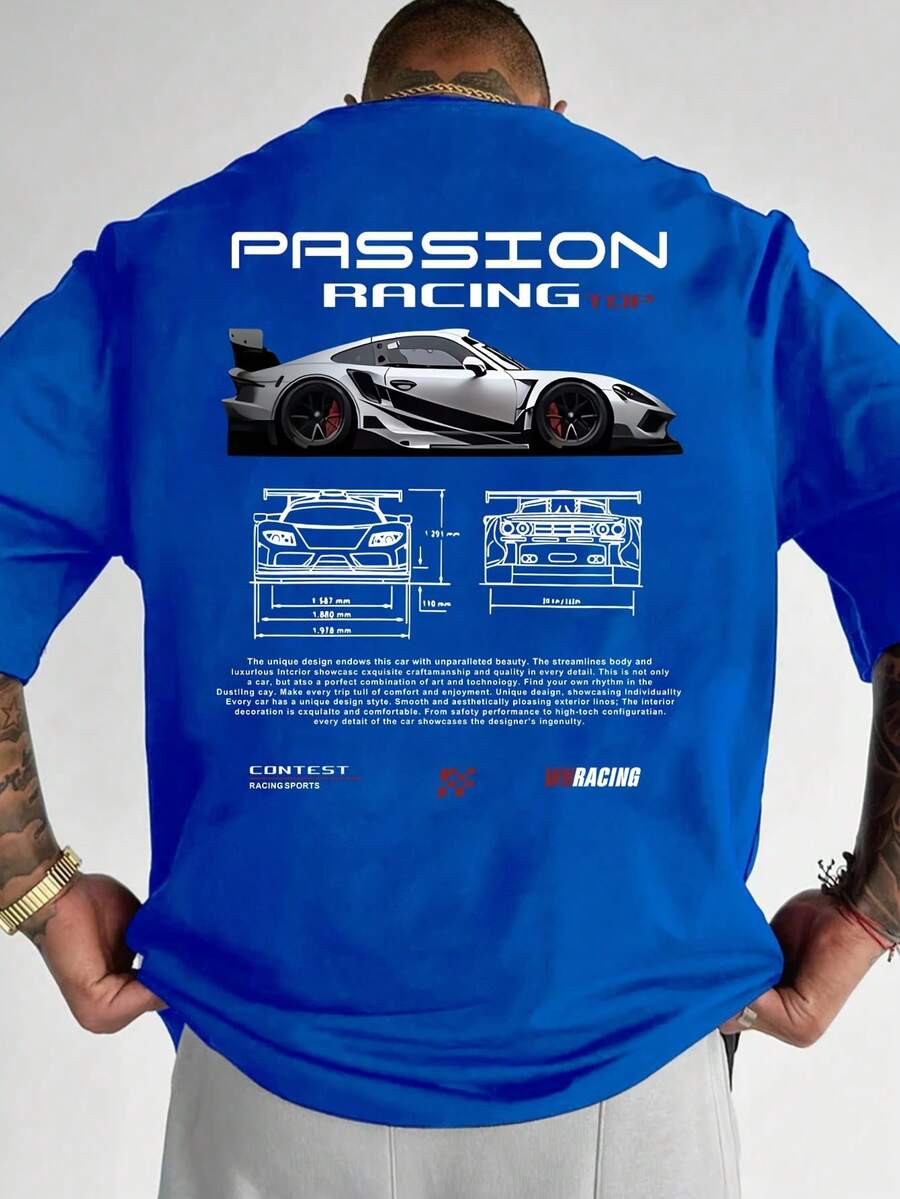 Men's T-Shirt With Racing Letter Print, Round Neck, Short Sleeve For Summer Outdoor Sports. - 藍色 - 查看 1