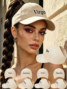 1pc Women's Twelve Zodiac Print Beige Ponytail Sun Hat, Women's Braid-Friendly Sun Hat, Suitable For City Street Photography/Commuting/Outdoor Light Sports/Girl Dates/Summer Sun Protection - Off-white - View 1