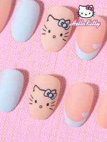 Sanrio Hello Kitty 24片裝 Y2K 短橢圓 3D 尖頭磨砂藍法式穿戴甲，附 Hello Kitty、愛心與蝴蝶結圖案設計，完美貼合壓克力假指甲套組，含 1 個果凍膠與 1 個指甲锉，適合女生日常、派對與生活使用 - 彩色 - 查看 3