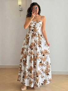 Vestido largo de mujer con estampado floral azul y blanco, de estilo casual y elegante, con tirantes finos y espalda descubierta, ideal para vacaciones y días de verano - Multicolor - Ver 4