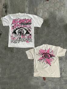 Camiseta Gráfica para Hombre Y2K - EOHI "Road to Paradise" con Estampado de Lema Llamativo, Diseño Blanco con Rosa y Negro, Corte Regular, Manga Corta, Cuello Redondo, Estilo Casual de Verano, Lavable a Máquina, Camiseta Vintage de Moda, Tela Duradera, Estilo Urbano, Camiseta Transpirable, Camiseta Estampada, Exclusiva para Entusiastas del Streetwear. - Blanco - Ver 1