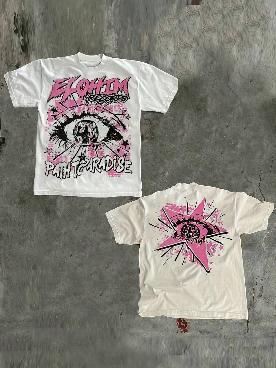 Camiseta Gráfica para Hombre Y2K - EOHI "Road to Paradise" con Estampado de Lema Llamativo, Diseño Blanco con Rosa y Negro, Corte Regular, Manga Corta, Cuello Redondo, Estilo Casual de Verano, Lavable a Máquina, Camiseta Vintage de Moda, Tela Duradera, Estilo Urbano, Camiseta Transpirable, Camiseta Estampada, Exclusiva para Entusiastas del Streetwear. - Blanco - Ver 1