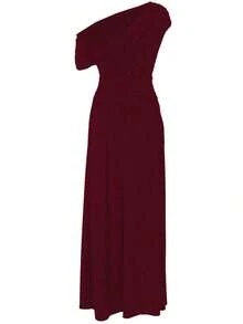 Vestido largo plisado de unicolor con cuello oblicuo para mujer, ajustado y estilizador, elegante y sexy vestido de fiesta de verano - Burdeos - Ver 5