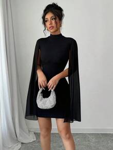 Vestido de capa ajustada con cuello mao de unicolor - Rojo cereza - Ver 10