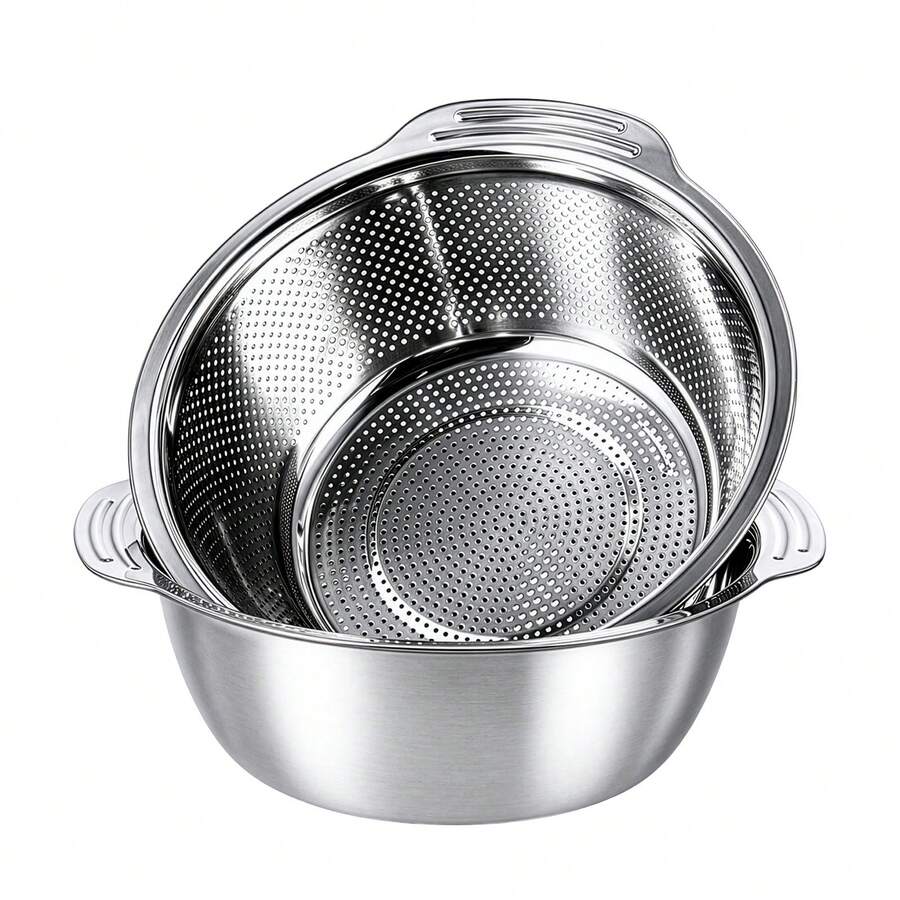 Household Kitchen Washing Bowl Set Double Layer Design For Daily Food Preparation - Silver - View 1