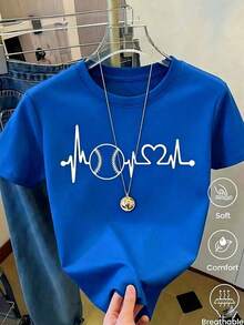 Women's White Baseball Heartbeat Graphic T-Shirt, Minimalist Sports Style Short Sleeve Heart Shirt, Modern Top For Game Fans, Comfortable And Breathable Casual Blouse (Retro Style, Fresh And Cool, Regardless Of Gender) - 藍色的 - 查看 1