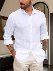 Runcati Mens Linen Cotton Button Up Shirts Long Sleeve Summer Lightweight Casual Beach Tops - 白色 - 查看 1