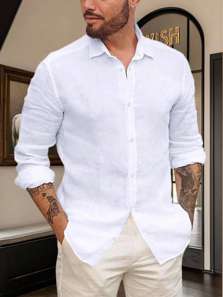 Runcati Mens Linen Cotton Button Up Shirts Long Sleeve Summer Lightweight Casual Beach Tops - 白色 - 查看 1